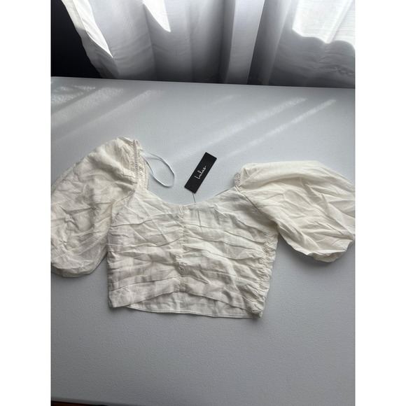 Lulus Ruched Crop Top Puff Sleeve Blouse Square Neck White Size S - Picture 4 of 4